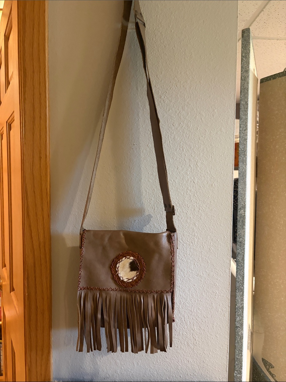 Brown Leather Fringe handmade Crossbody Bag with Hair-on-Hide Accent